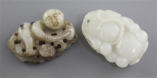 A Chinese white jade carving of gourds and a grey jade figure of a recumbent man on a leaf, 19th / early 20th century, 5cm and 5.1cm